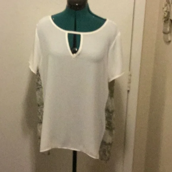 Womens lightweight Dress Blouse keyhole front open weave side panels cream - Picture 1 of 9